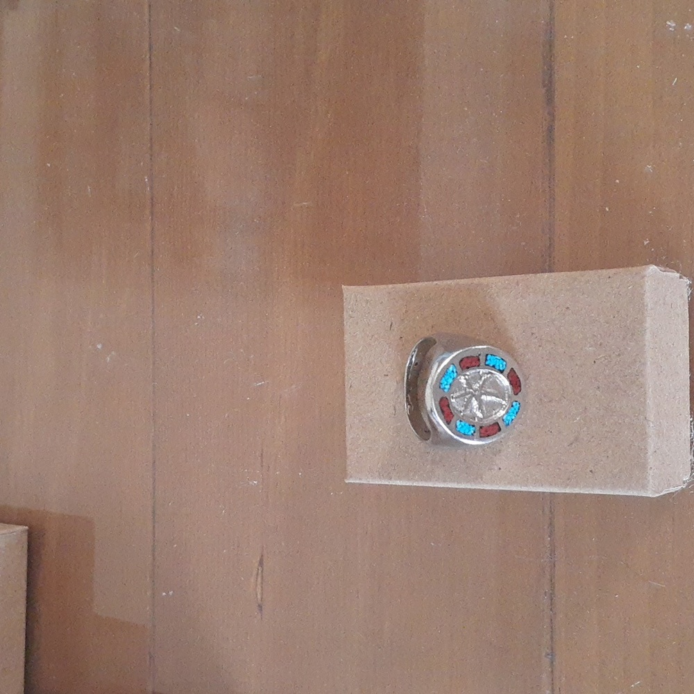 Inlaid Turquoise Coral Palmtree Silver Size 10.5 Ring